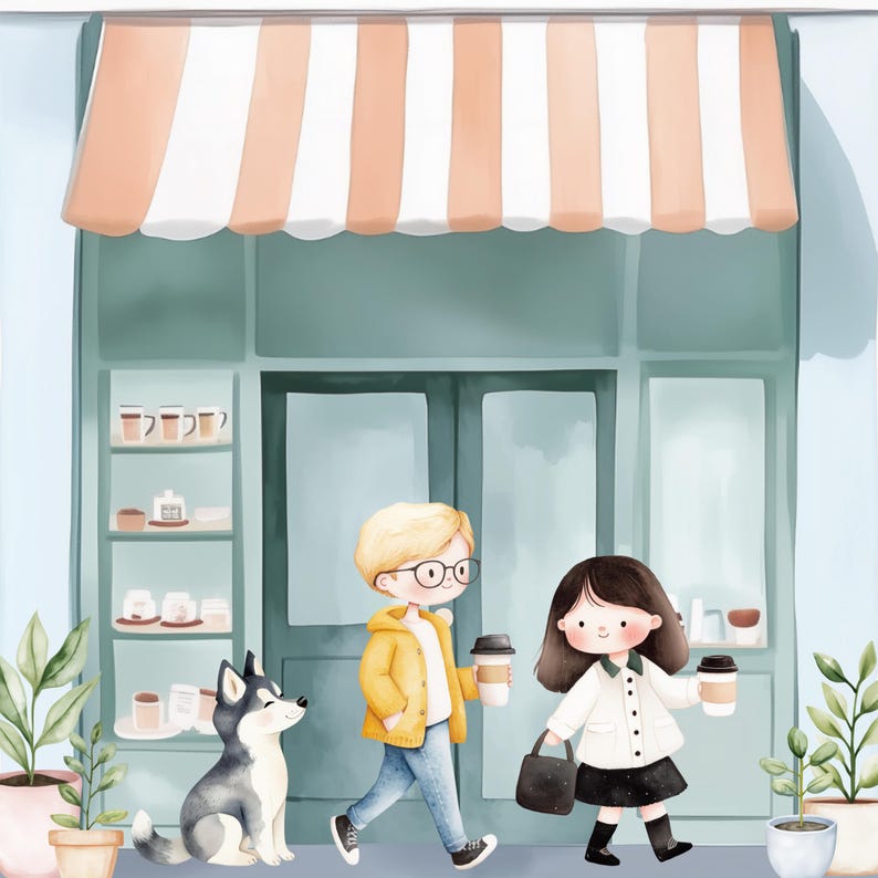 May include: A cartoon illustration of a couple with a dog standing outside a shop with a striped awning. The man is wearing a yellow jacket and glasses, the woman is wearing a white jacket and a black skirt, and the dog is a black and white husky.