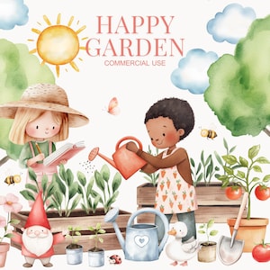 Clipart di un grazioso giardino, Clipart di una graziosa fattoria, Vita in giardino, Clipart di un grazioso giardino rustico, Illustrazione di un giardino botanico, Fiori, Erbe aromatiche, Vaso per piante, Semi