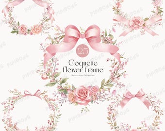 Coquette Pink Cute Floral Frame, Baroque style, vintage clipart, round border, Dusty pink, little flowers, Watercolor Pink Floral - Coquette