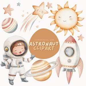 Clipart aquarelle astronaute et espace | Décoration de chambre d'enfant, lot d'images clipart pour baby shower, espace d'art imprimable impression numérique
