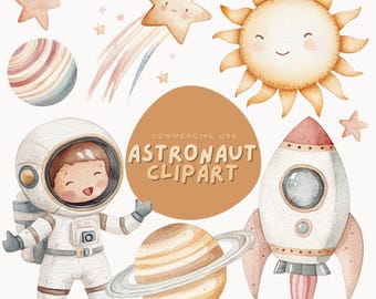 Astronaut and Space Watercolor Clipart| Nursery Decor ,Clipart Bundle for Baby Shower, Printable Art Space Digital Print
