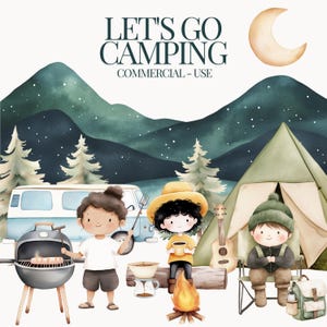 Clipart di campeggio ad acquerello, Clipart di campeggio carino, cervo, tenda, viaggio, fuoco di marshmallow, pini, campeggiatori, vivaio, PNG di campeggio carino