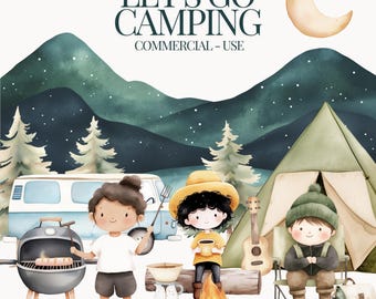 Może przedstawiać: Aquarela przedstawiająca scenę kempingową z dwojgiem dzieci, kamperem, namiotem, ogniskiem, grillem i gitarą. Tekst "Let's Go Camping" jest napisany czarnym kolorem u góry obrazu. Tekst "Commercial Use" jest napisany czarnym kolorem pod głównym tekstem.