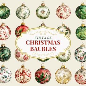 Aquarel kerstballen clipart, vintage kerst, kerst ornamenten clipart, klassieke kerst, kerstballen, kerstbal
