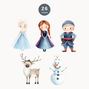 May include: A set of five watercolor illustrations featuring characters from the movie Frozen. The characters include Elsa, Anna, Olaf, Kristoff, and Sven. The illustrations are painted in a whimsical style and are perfect for adding a touch of magic to any project.