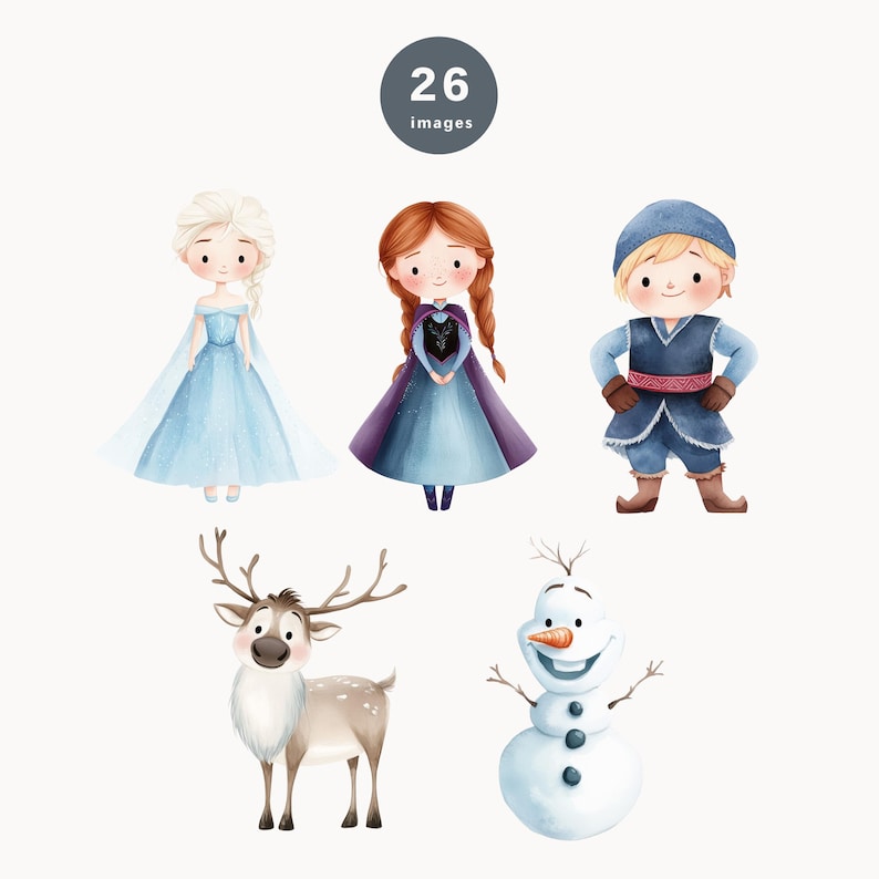 May include: A set of five watercolor illustrations featuring characters from the movie Frozen. The characters include Elsa, Anna, Olaf, Kristoff, and Sven. The illustrations are painted in a whimsical style and are perfect for adding a touch of magic to any project.