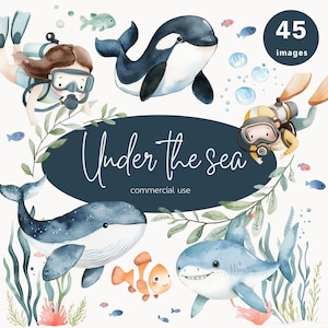 Sob o mar, clipart de berçário de mergulhador, clipart de aquarela, animais do oceano, animais subaquáticos, berçário do oceano, clipart sob o mar, criança