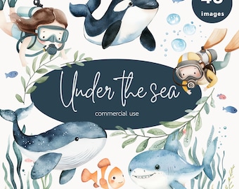 Op de afbeelding: Waterverfillustratie van een set van 45 afbeeldingen met onderwaterwezens, waaronder een walvis, een haai, een orka, een clownvis en een duiker. De tekst "Under the Sea" is geschreven in een cursief schrift met de woorden "commercial use" eronder.