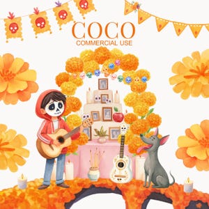 May include: Watercolour illustration with a Day of the Dead theme. A boy with face paint plays a guitar, with a white guitar nearby. The scene includes marigolds, a decorated altar, a dog, and the text "COCO COMMERCIAL USE".