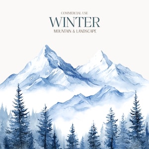 Clipart di montagna invernale ad acquerello, montagna innevata ad acquerello, clipart di paesaggi montani innevati, clipart di montagna, paesaggio montano invernale