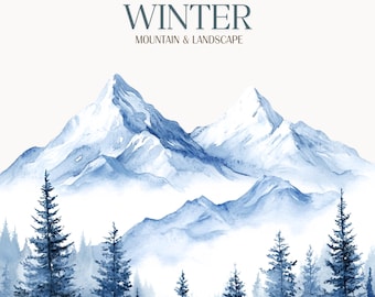 Watercolor Winter Mountain Clipart ,Watercolor Snowy Mountain, Snowy Mountain Landscapes Clipart Mountain Clipart, Winter Mountain Landscape