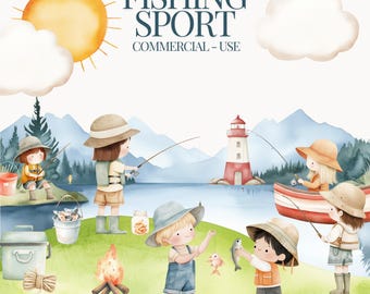 Clipart di pesca ad acquerello, articoli da pesca, attività, forniture per la pesca ad acquerello, esche, canne, barca, asilo nido, arte per bambini, attività all'aperto