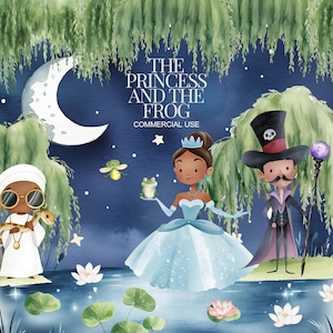 Schattige Tiana clipart, prinses en de kikker, prinses Tiana, Naveen, dr facilier, Tiana verjaardag, schattige prinses clipart, kinderkunst, kinderkamer