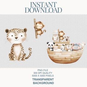 May include: Watercolor illustration of a leopard, a monkey, and a boat full of animals. The animals are all smiling and looking happy. The boat is made of wood and has a sail. The background is transparent.