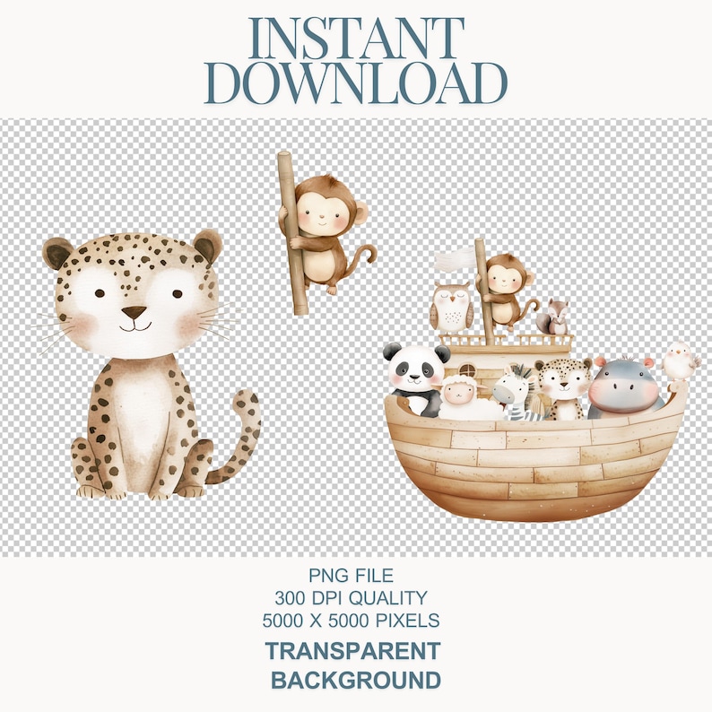 May include: Watercolor illustration of a leopard, a monkey, and a boat full of animals. The animals are all smiling and looking happy. The boat is made of wood and has a sail. The background is transparent.