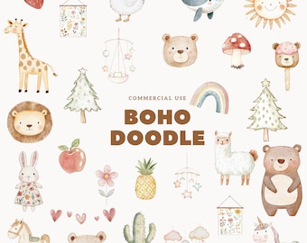 Boho Baby watercolor clipart, Nursery Animal Clipart, Newborn Boho Kid Doodle, Baby Shower PNG, Boho watercolor, Sublimation Design
