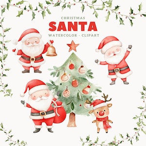 Zoete schattige kerst aquarel clipart, kerstman graphics, kerstman clipart, schattige kerst, schattige kerst clipart, kerstelfen, kerstboom