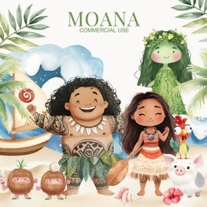 Imágenes prediseñadas de Moana linda, princesa polinesia, Maui, HeiHei, Pua, imágenes prediseñadas hawaianas lindas, cumpleaños de Moana, imágenes prediseñadas de princesa linda, guardería, arte infantil