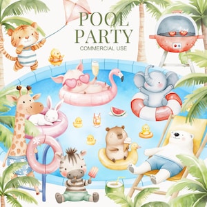 Clipart acquerello carino per feste in piscina, clipart estivo, festa di compleanno per bambini, clipart in piscina, clipart per feste, clipart con pallone da spiaggia, salti mortali