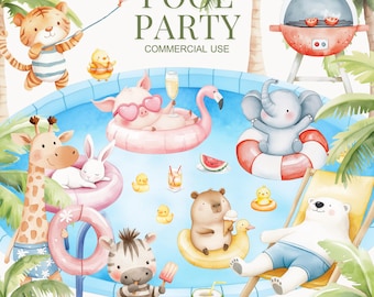 Cute Pool Party Watercolor Clipart, Summer Clipart, Children's Birthday Party, Pool Clipart, Party Clipart, Beach Ball Clipart, Flip Flips