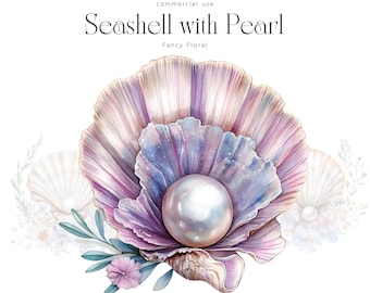 Sea Shells Clipart, Seashell Pearls with floral Clipart, Sea Shell Watercolor clipart, Digital download, Paper craft, Seashell with floral