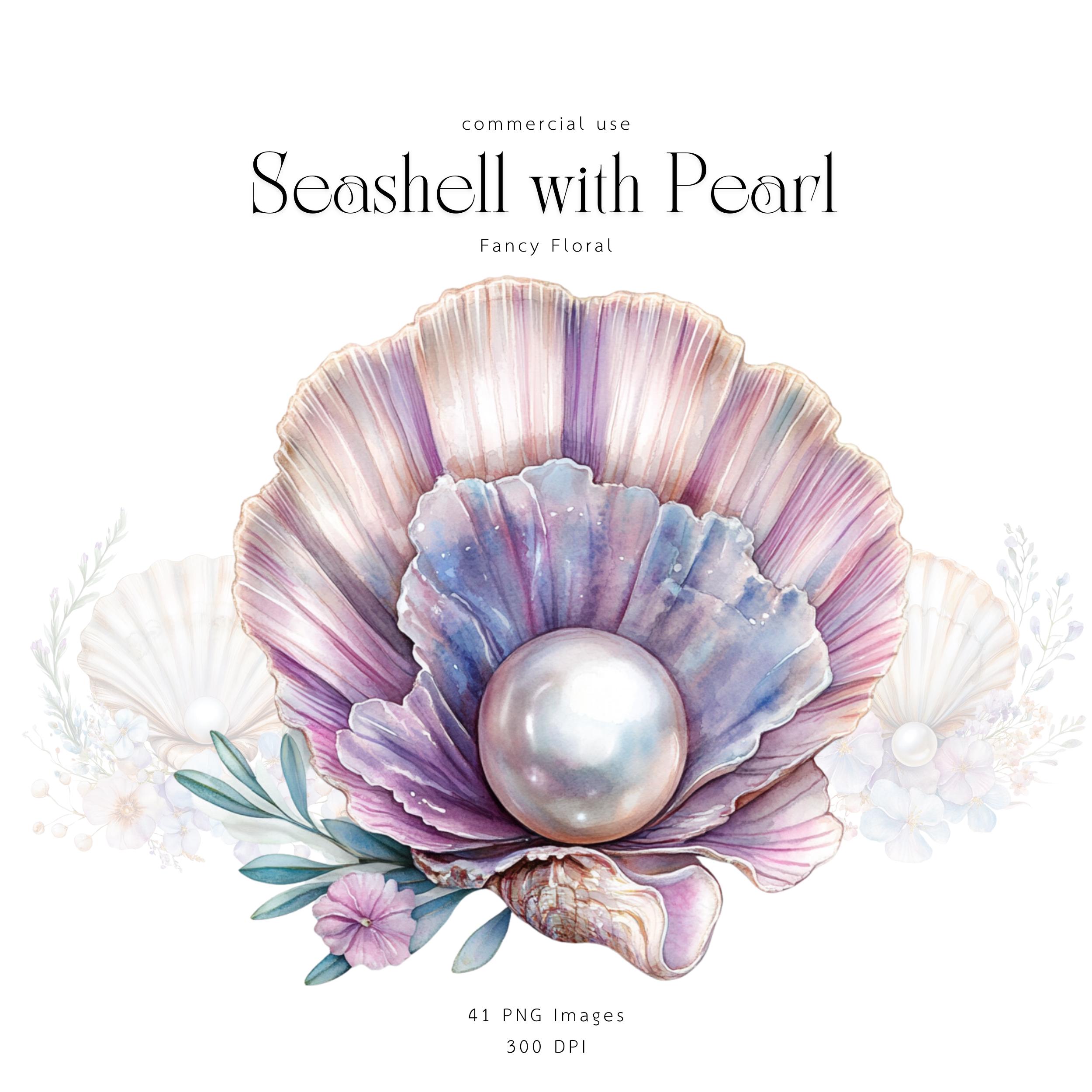花と鳥　貝殻　絵画　アート　真珠 貝殻のクリップアート、花柄の貝殻真珠のクリップアート、貝殻の水彩画