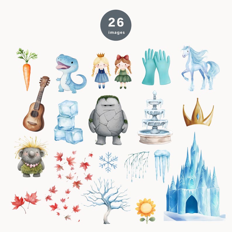 May include: A set of 26 watercolor illustrations featuring winter and ice-themed imagery. The illustrations include a princess, a troll, a snowflake, a fountain, a castle, a tree, a carrot, a guitar, a dinosaur, a horse, a crown, ice cubes, gloves, and maple leaves.