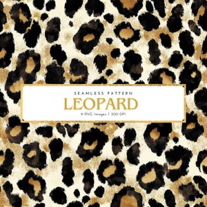 May include: Seamless leopard print pattern in black, brown, and gold. The design features irregular black spots with brown centers on a cream-colored background. The image includes a rectangular label with the text "Seamless Pattern Leopard".