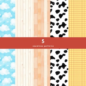 May include: Five seamless patterns, including a blue and white cloud pattern, a wood grain pattern, a black and white cow print pattern, a yellow and red gingham pattern, and a wood grain pattern with a light brown and orange color.