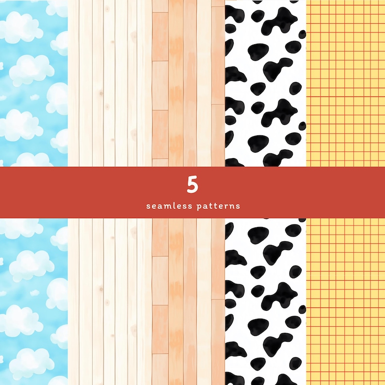 May include: Five seamless patterns, including a blue and white cloud pattern, a wood grain pattern, a black and white cow print pattern, a yellow and red gingham pattern, and a wood grain pattern with a light brown and orange color.