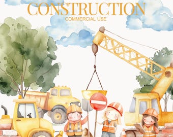 Cute Construction Watercolor Clipart, Construction Vehicle for Kids, Children's Birthday Party, Nursery Themes, Cute Construction clipart