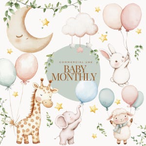 Clip art mensili per bambini, clipart di compleanno, opere d'arte sulla crescita mensile, pacchetto clipart per la cameretta dei bambini per il regalo del baby shower, animale con palloncini png