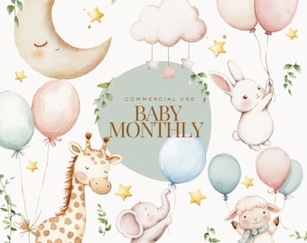 Imágenes prediseñadas mensuales para bebés, imágenes prediseñadas de cumpleaños, ilustraciones de crecimiento mensual, paquete de imágenes prediseñadas de guardería para regalo de baby shower, animal con globos png