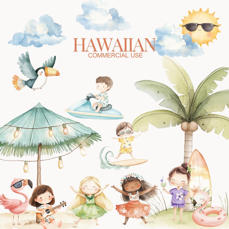 Peut inclure: Illustration aquarelle d'une sc&egrave;ne &agrave; th&egrave;me hawa&iuml;en avec un palmier, un toucan, un flamant rose, des enfants jouant sur la plage et une planche de surf. Le texte "HAWAIIAN COMMERCIAL USE" est &eacute;crit en haut au centre de l'image.