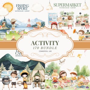 Paquete de imágenes prediseñadas de actividades, imágenes prediseñadas de acuarela, tienda de comestibles, imágenes prediseñadas de pesca en acuarela, imágenes prediseñadas de campamento en acuarela, acuarela de picnic