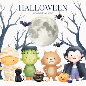 Niedliches Halloween Clipart, Kürbis Clipart, Hexe, süsse Monster Clipart, Vampir, Zauberer, Schädel, Kinder Halloween, KOMMERZIELLE LIZENZ INBEGRIFFEN