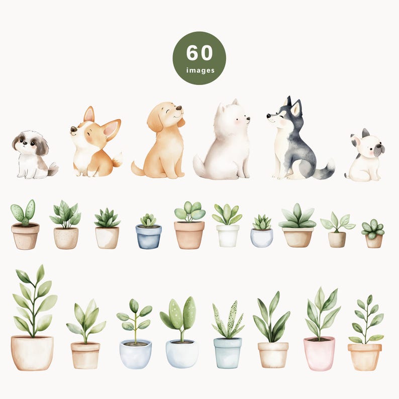 May include: A set of 60 watercolor illustrations featuring cute dogs and potted plants. The dogs are in various poses and breeds, including a Shih Tzu, a Corgi, a Golden Retriever, a Husky, and a French Bulldog. The plants are in various styles of pots, including terracotta, ceramic, and metal.