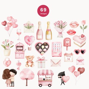 Pu&ograve; includere: Una collezione di illustrazioni ad acquerello con tema di San Valentino. Le illustrazioni includono cuori, fiori, dolciumi, un orsacchiotto, una slot machine, una scatola regalo, un carrello per il cibo, una chiave, una serratura, un paio di occhiali da sole, una torta, un mazzo di fiori, una bottiglia di champagne, un calendario e una coppia che si tiene per mano.
