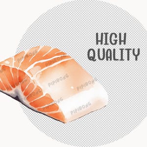 May include: A close-up of a salmon fillet, showing the pink flesh and white fat. The salmon is sliced and ready to be cooked. The image is labeled "HIGH QUALITY".