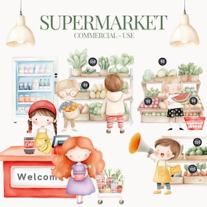 Negozio di alimentari, Clipart del supermercato, Mini Mart, clipart di cibo in scatola, cibo, frutta, verdura, latte, carne, arte per bambini, cestino, scaffale, soda