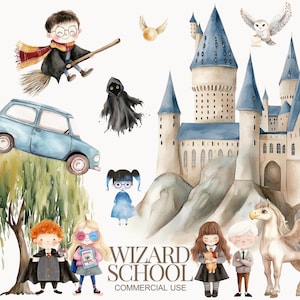 Zauberer Schule Clipart, süsses Zauberer Clipart, süsse Hexe Clipart, Geburtstag Clipart - Kinder Clipart, Kinderzimmer Clipart, Zauberer Schule Clipart PNG