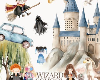 Puede incluir: Una ilustración de acuarela de una escuela de magia con un castillo azul y marrón, un coche volador, una escoba, un mago, una snitch dorada, una capa negra, un búho blanco, una niña con gafas, una niña con un gato, un niño con una varita, una niña con un libro, un niño con una corbata, un unicornio y el texto "WIZARD SCHOOL COMMERCIAL USE".