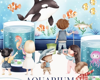 Puede incluir: Una ilustración de acuarela de un acuario con una orca en blanco y negro, peces de colores, un caballito de mar, una medusa y niños mirando los peces. El texto "AQUARIUM COMMERCIAL USE" está en la parte inferior de la imagen.