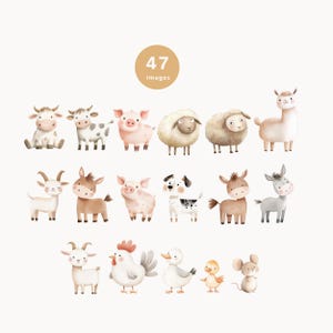 Puede incluir: Un conjunto de 47 ilustraciones de acuarela de animales de granja, incluyendo vacas, cerdos, ovejas, cabras, burros, una llama, un pollo, un pato y un rat&oacute;n. Las ilustraciones est&aacute;n en un estilo lindo y de dibujos animados y son perfectas para usar en libros para ni&ntilde;os, manualidades u otros proyectos creativos.