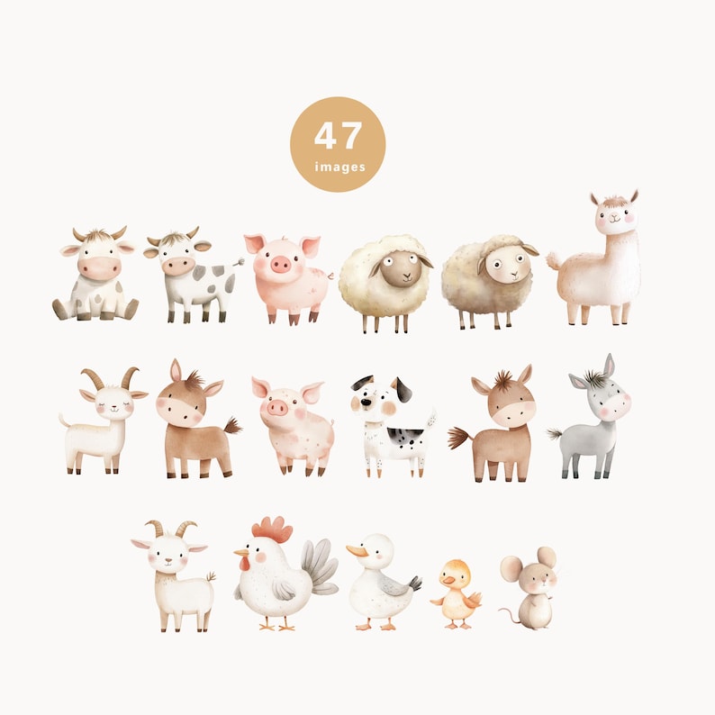 Puede incluir: Un conjunto de 47 ilustraciones de acuarela de animales de granja, incluyendo vacas, cerdos, ovejas, cabras, burros, una llama, un pollo, un pato y un rat&oacute;n. Las ilustraciones est&aacute;n en un estilo lindo y de dibujos animados y son perfectas para usar en libros para ni&ntilde;os, manualidades u otros proyectos creativos.