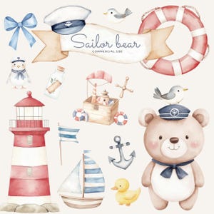 Süßer Sailor-Teddybär-Aquarell-Clipart-Sammlung, Clip Art, nautisches Kinderzimmer Clipart, Sailor, Baby Bär, Ozean Clipart