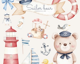 Puede incluir: Ilustración de acuarela de un lindo oso marrón con un sombrero de marinero y una corbata de lazo azul. El oso está rodeado de artículos de temática náutica, incluyendo un faro, un velero, un salvavidas, una gaviota y una botella con un corcho. El texto "Sailor bear commercial use" está escrito en una pancarta.