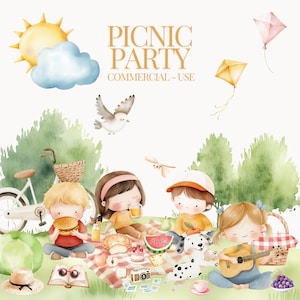 Picknick Aquarell Tiere, Picknick Party Clipart, niedliches Picknick Clipart, Happy Time, Picknickkorb, Kinderzimmer Clipart, Kinderzimmer Kunst, Party PNG