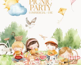 Picnic Watercolor  Animals ,Picnic Party Clipart,Cute Picnic clipart, Happy Time, Picnic Basket, Nursery Clipart,Nursery art, Party PNG