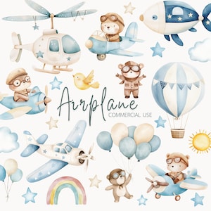 Vliegtuig aquarel clipart set, schattige dieren illustratie, schattige piloot, baby beer piloot, vliegtuig, verjaardag, babyshower, kinderkamer clipart, kind